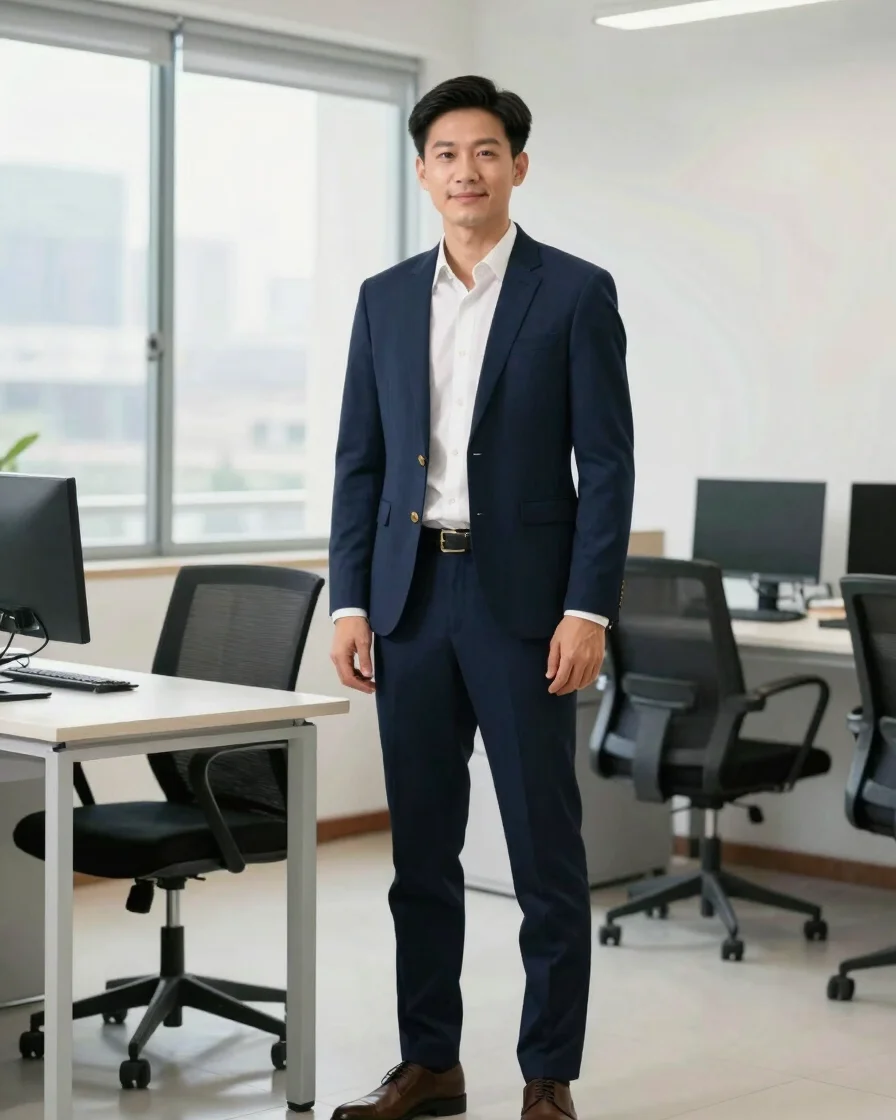 Office worker in a tailored navy blazer and shirt in a bright modern Vietnamese office, natural daylight, full-length fr