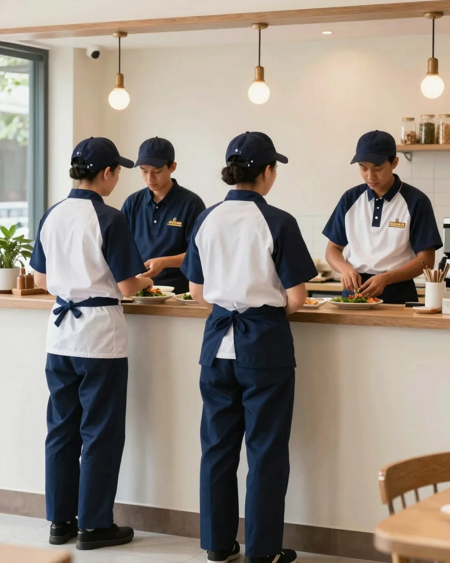 Restaurant staff in clean navy and white uniforms at a Vietnamese cafe counter, soft natural light, full-length framing,