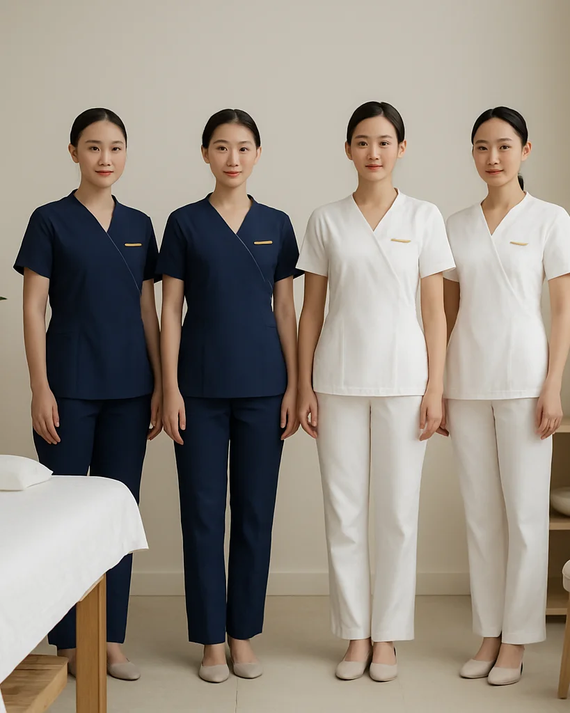 Clean spa and clinic staff uniforms in soft white and navy, minimal treatment room in a Vietnamese city, soft neutral st