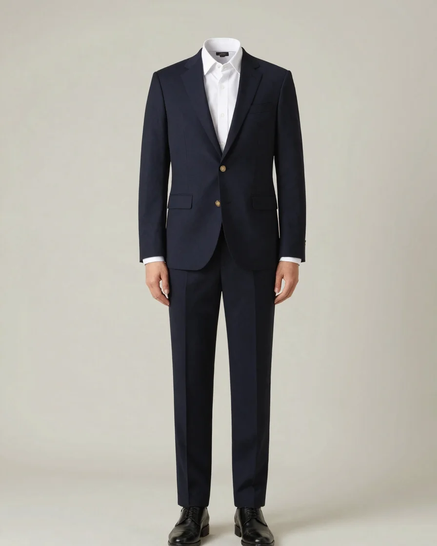 Studio product photograph of a tailored navy corporate blazer and trousers on a clean neutral backdrop, soft diffused li