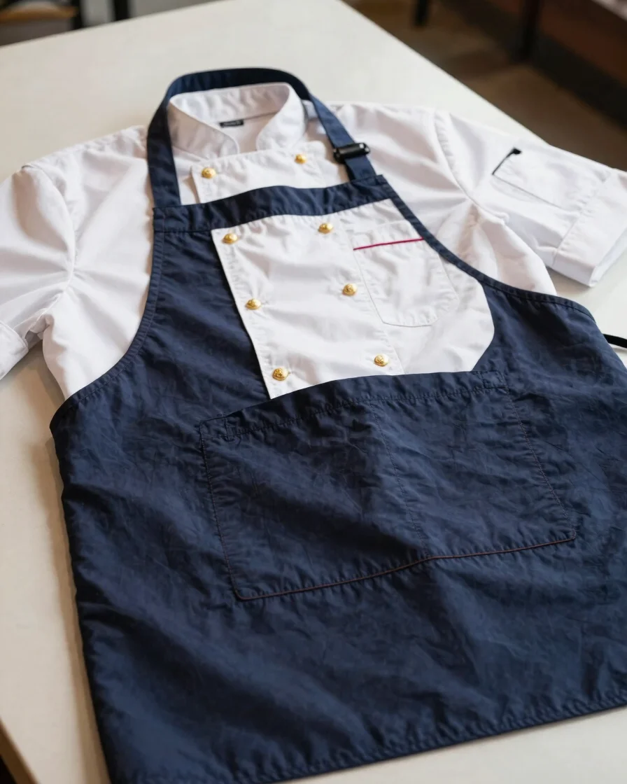 Product photograph of a clean white chef jacket and dark navy apron laid neatly on a light studio surface, soft natural