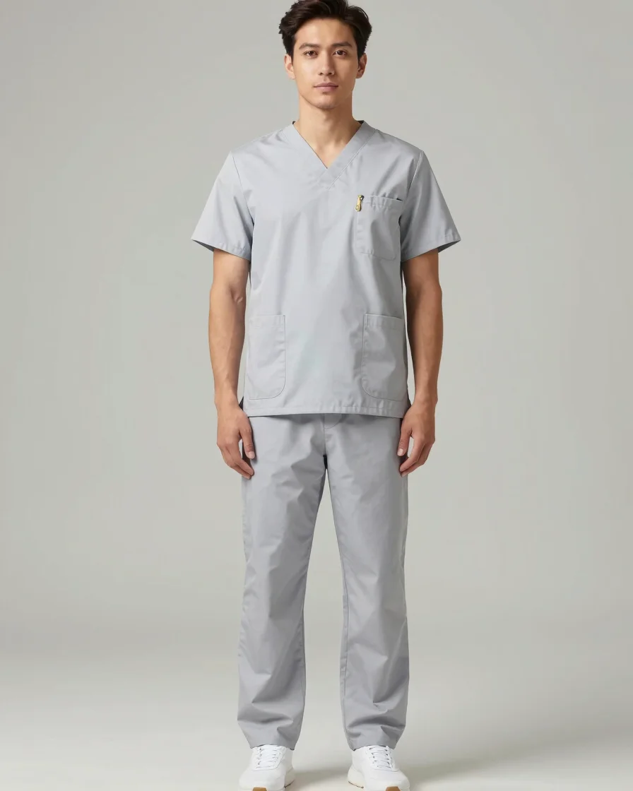 Full-length product photograph of a pale grey medical scrub set on a neutral studio backdrop, soft even lighting, clean