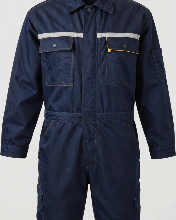 Product photograph of navy work coveralls with reinforced knee panels on a clean neutral background, soft studio light,