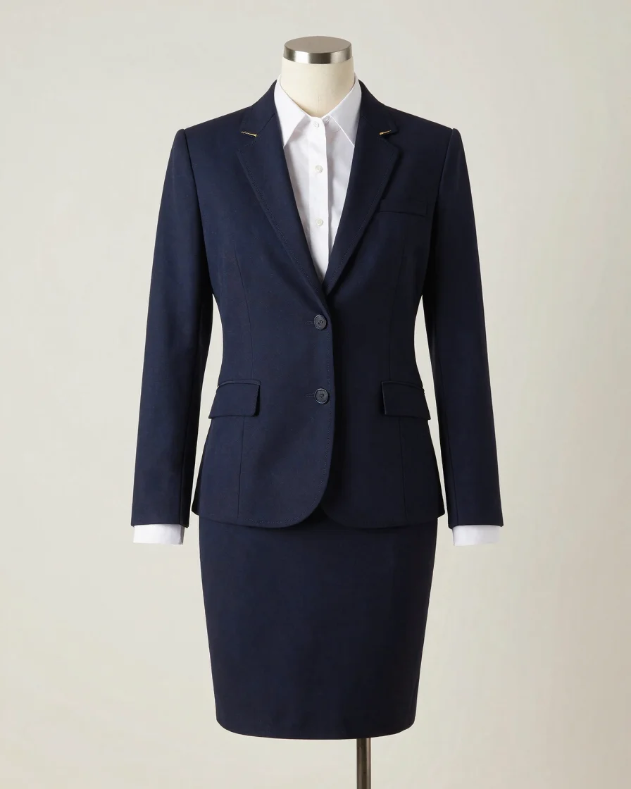 Studio product photograph of a tailored navy corporate uniform on